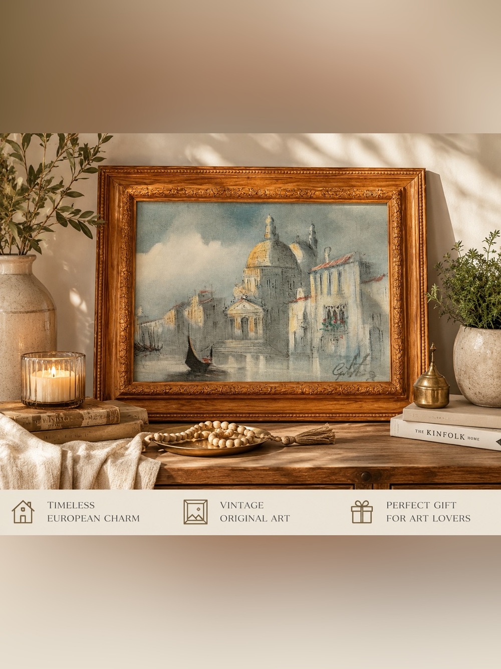 Vintage Framed Venice Canal Wall Art Print Ornate‎ Wood Frame European Landscape